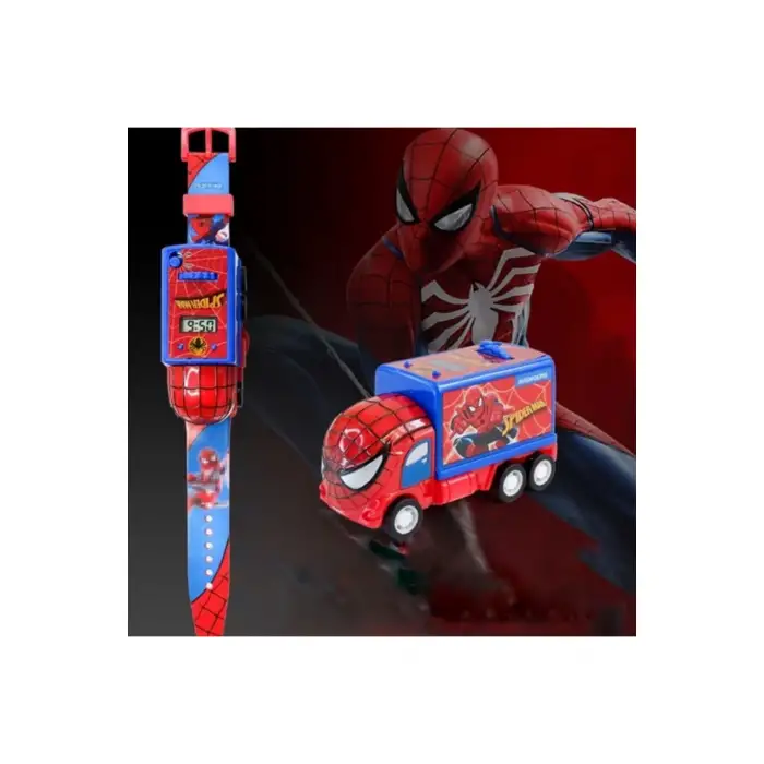 Kumik Spiderman Arabalı Ve Projeksiyonlu Saat 6 Farklı Karakteri Duvara Yansıtır