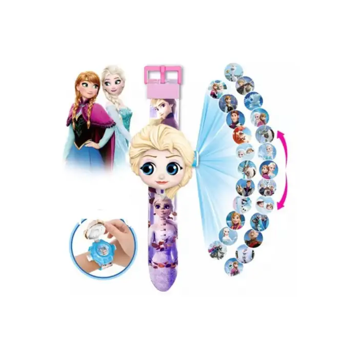 Kumik Projeksiyon Işıklı Resimli Mor Pembe Dijital Çocuk Yeniyıl Hediyesi Kutulu Saat Elsa