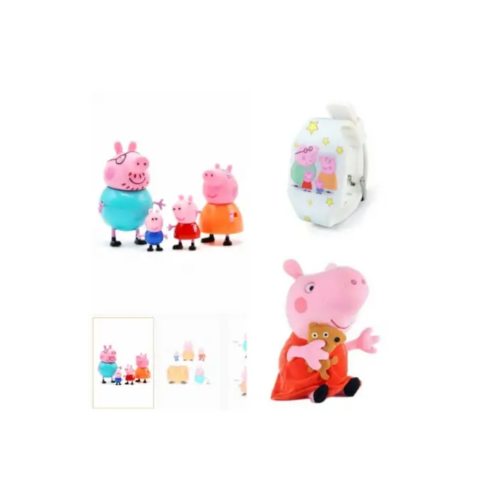 Kumik 4 Lü Peppa Pig figür, Led Saat+ Peluş(25cm)