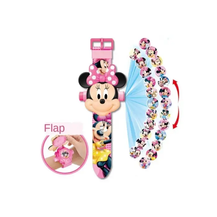 Kumik Projeksiyon Işıklı Resimli Pembe Dijital Çocuk Saat Hediye Minnie