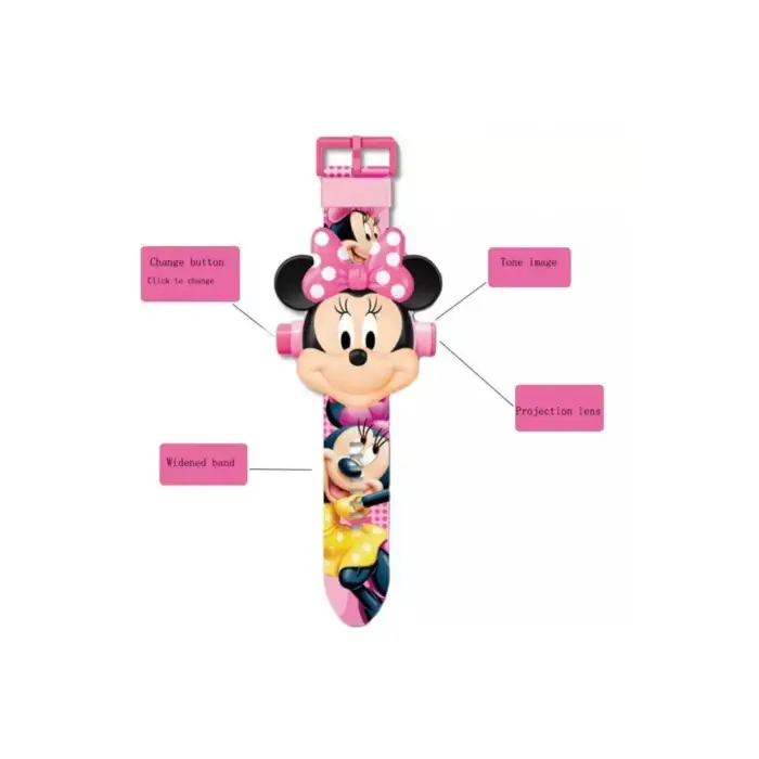 Kumik Projeksiyon Işıklı Resimli Pembe Dijital Çocuk Saat Hediye Minnie