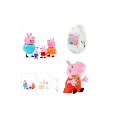 Kumik 4 Lü Peppa Pig figür, Led Saat+ Peluş(25cm)