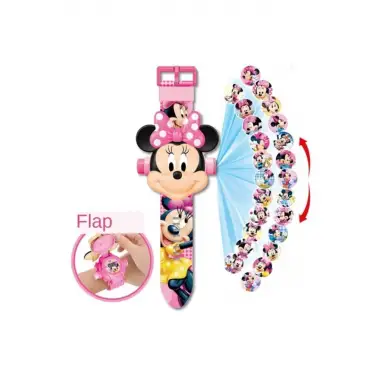 Kumik Projeksiyon Işıklı Resimli Pembe Dijital Çocuk Saat Hediye Minnie