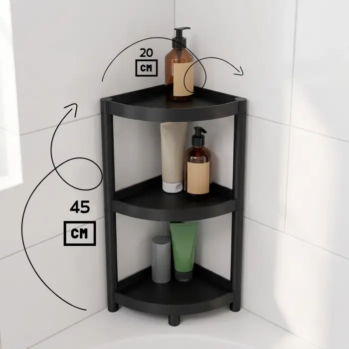 3 Katlı Köşe Banyo Rafı – Modüler Duş Düzenleyici