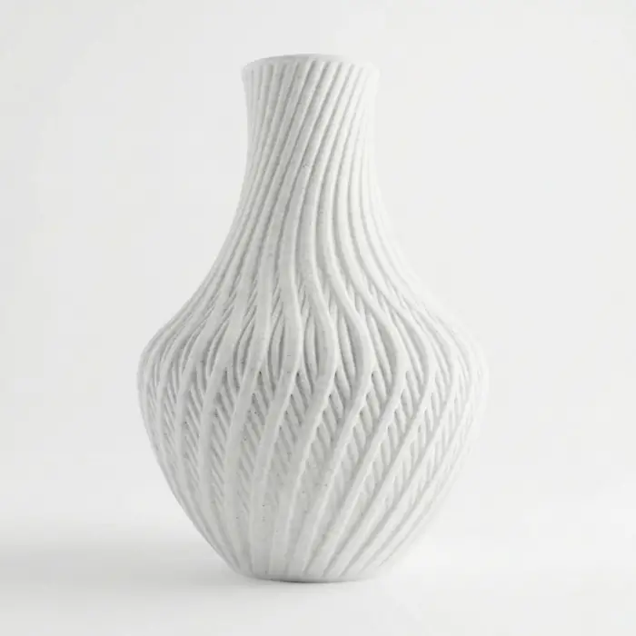 Beyaz Mermer Dokulu Spiral Tasarım Dekoratif Vazo ve Saksı - Modern 3D Baskı (20x13 cm)