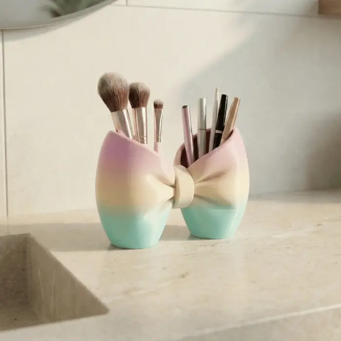 Pastel Geçişli Dekoratif Kurdele Masaüstü Organizer ve Makyaj Fırçalığı