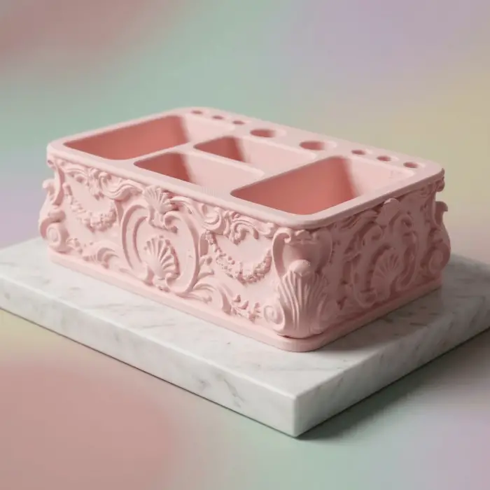 Barok Dönem El İşçiliği Görünümlü 3D Baskı Mat Pembe Makyaj Düzenleyici