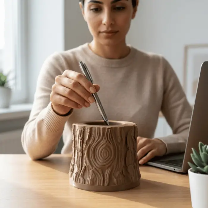 3D Baskı Ahşap Dokulu Kütük Saksı ve Kalemlik - Özel Hediye Kutulu