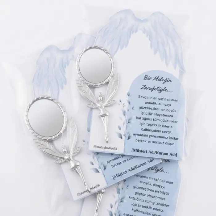 3lü Paket: Kurumsal ve Okullara Özel Tasarım Kartlı Gümüş Metal Melek Ayna