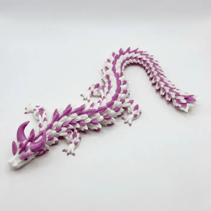 İpeksi Pembe ve Beyaz 24 cm Hareketli Eklemeli Ejderha Figürü - Özel Tasarım 3D Baskı Hediye