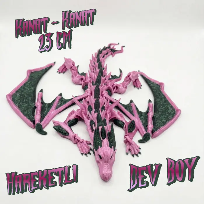 Atatug Dev Boy İpeksi Fuşya ve Simli Yeşil Kanatlı Ejderha Figürü - 23x23 cm 3D Baskı Hediye