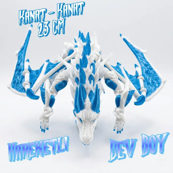 Atatug Dev Boy İpeksi Royal Mavi ve Beyaz Kanatlı Ejderha Figürü - 23x23 cm 3D Baskı Hediye