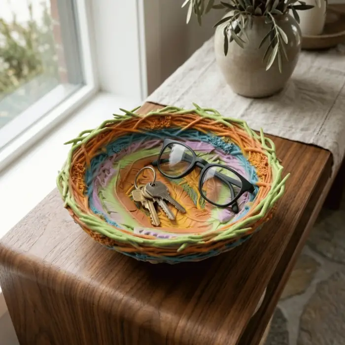 Gökkuşağı Renkli Tüy Detaylı Dekoratif Yuva Kase (20 cm)