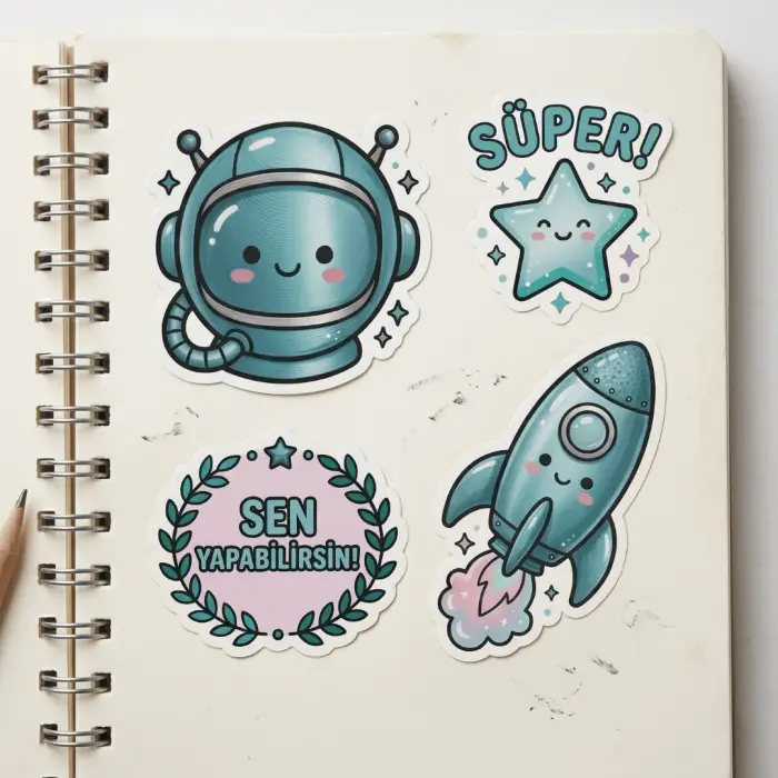 3D Hareketli Uzay Roketi ve Motivasyon Sticker Seti - Öğretmenler İçin Öğrenci Ödül Kiti