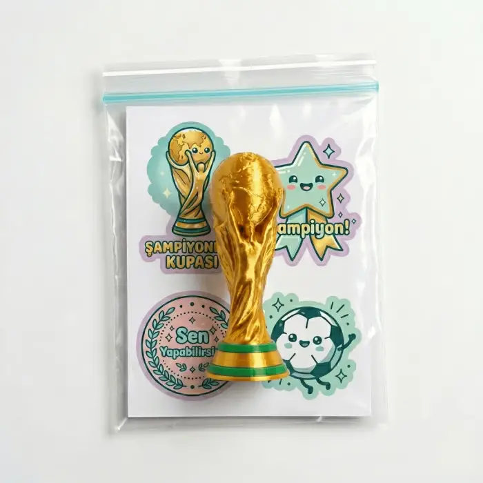 Öğrenci Motivasyon Ödül Seti: 3D Dünya Kupası Figürü ve Başarı Çıkartmaları (Sticker)