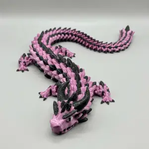 İpeksi Fuşya ve Simli Koyu Yeşil 24 cm Hareketli Eklemeli Ejderha Figürü - Özel Tasarım 3D Baskı Hediye