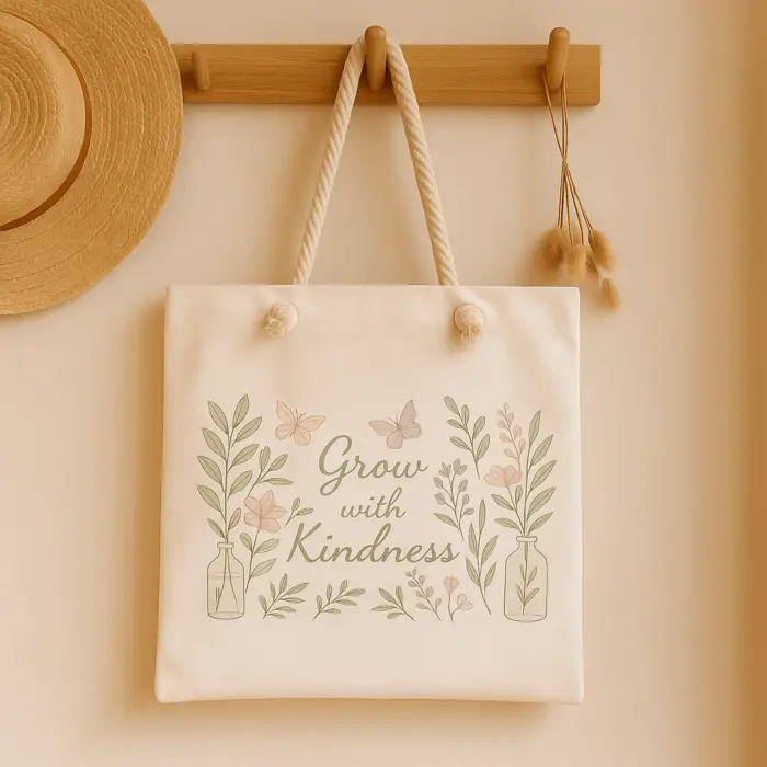 Grow with Kindness – Bitki ve Kelebek Temalı Halat Askılı Bez Çanta