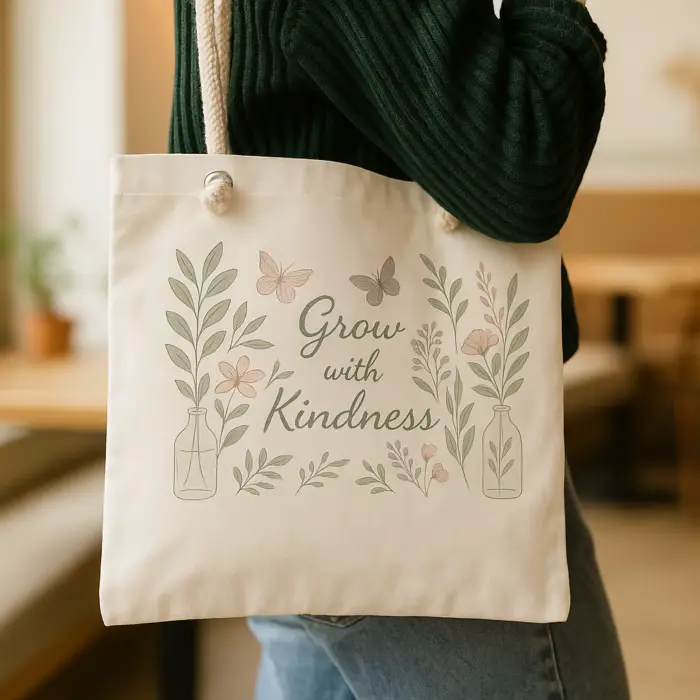 Grow with Kindness – Bitki ve Kelebek Temalı Halat Askılı Bez Çanta