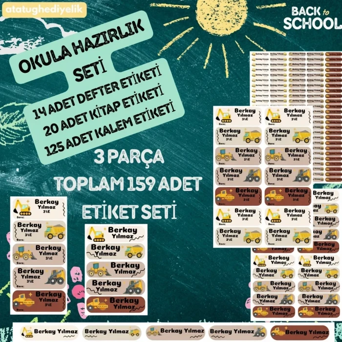 159 Parça Okula Hazırlık Etiket Seti - Kişiye Özel Kitap, Defter ve Kalem Etiketi (İnşaat Temalı)