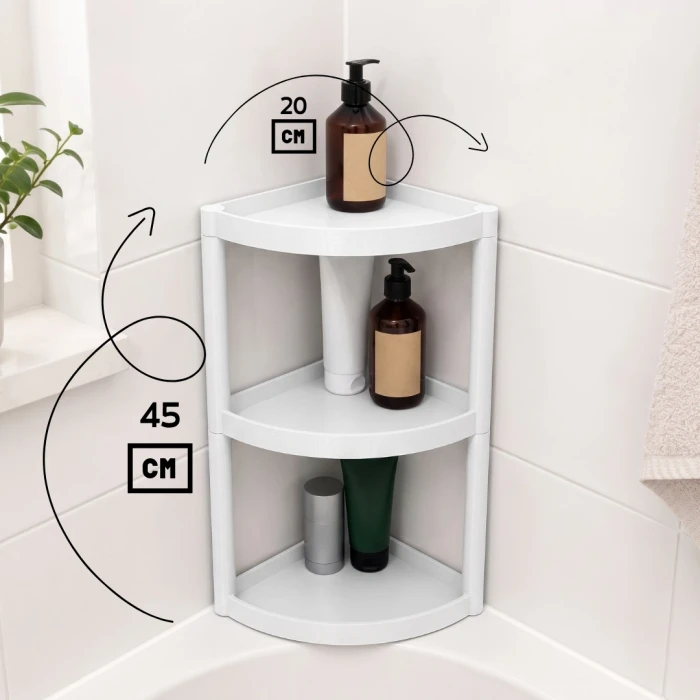 3 Katlı Köşe Banyo Rafı – Modüler Duş Düzenleyici