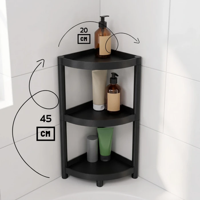 3 Katlı Köşe Banyo Rafı – Modüler Duş Düzenleyici