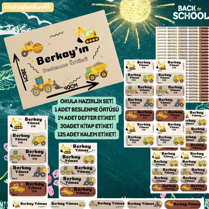 4lü Okula Hazırlık Seti - Kişiye Özel İnşaat Temalı Beslenme Örtüsü ve 159 Parça Etiket Seti