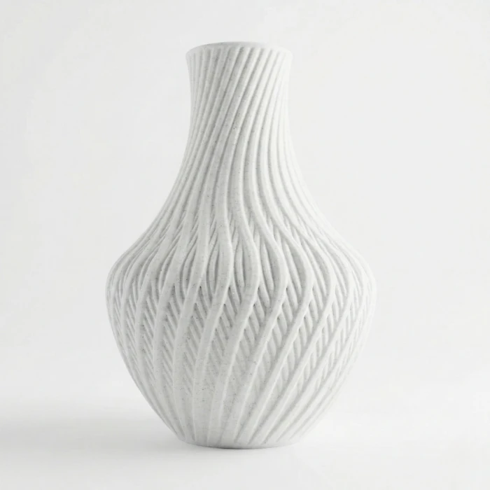 Beyaz Mermer Dokulu Spiral Tasarım Dekoratif Vazo ve Saksı - Modern 3D Baskı (20x13 cm)