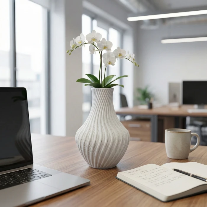 Beyaz Mermer Dokulu Spiral Tasarım Dekoratif Vazo ve Saksı - Modern 3D Baskı (20x13 cm)