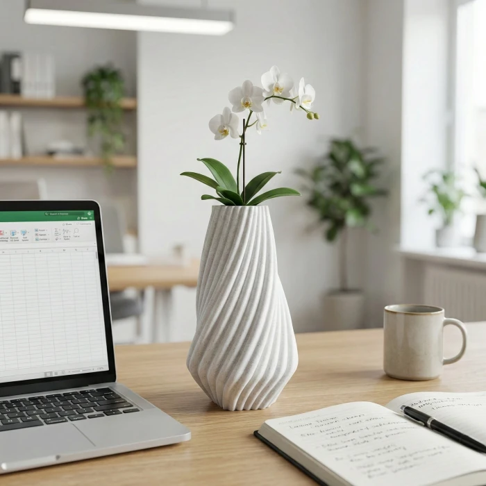 Modern Spiral Tasarım Beyaz Mermer Dokulu Dekoratif Vazo Saksı - 19x11 cm