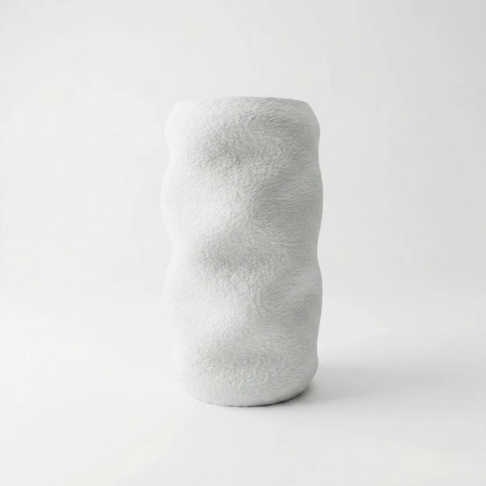 Modern Dalgalı Tasarım Beyaz Dokulu Vazo - Kumtaşı Görünümlü Dekoratif Obje (16cm)