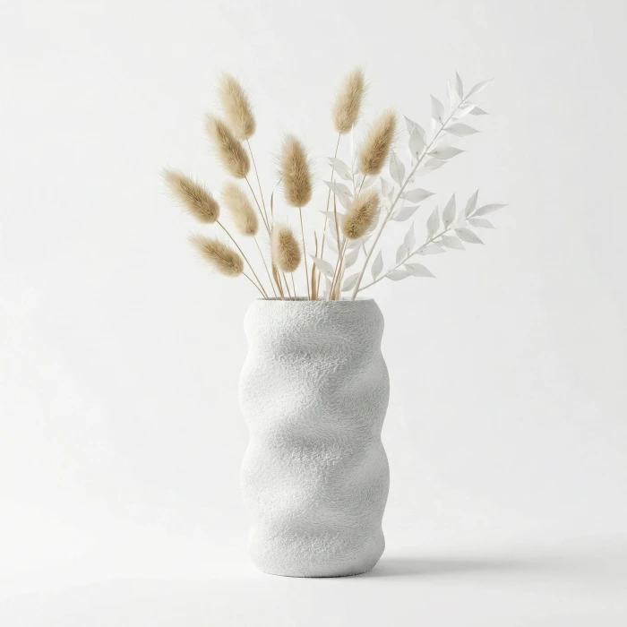 Modern Dalgalı Tasarım Beyaz Dokulu Vazo - Kumtaşı Görünümlü Dekoratif Obje (16cm)