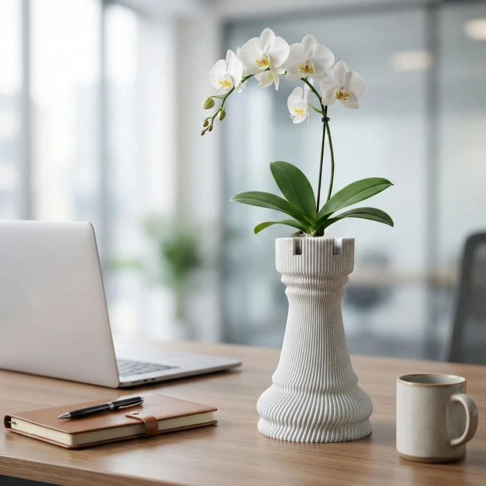 Beyaz Mermer Dokulu Kale Tasarımlı Dekoratif Vazo ve Saksı - Modern Spiral 3D Tasarım (18x11 cm)