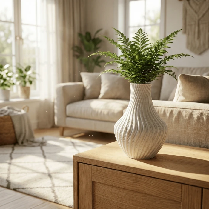 Beyaz Mermer Dokulu Spiral Tasarım Dekoratif Vazo ve Saksı - Modern 3D Baskı (20x13 cm)