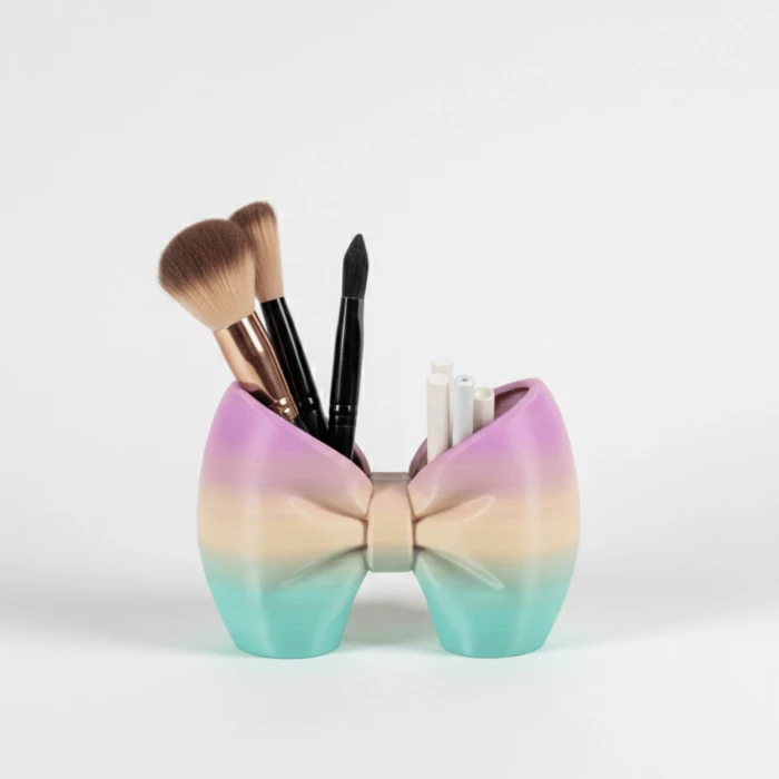 Pastel Geçişli Dekoratif Kurdele Masaüstü Organizer ve Makyaj Fırçalığı