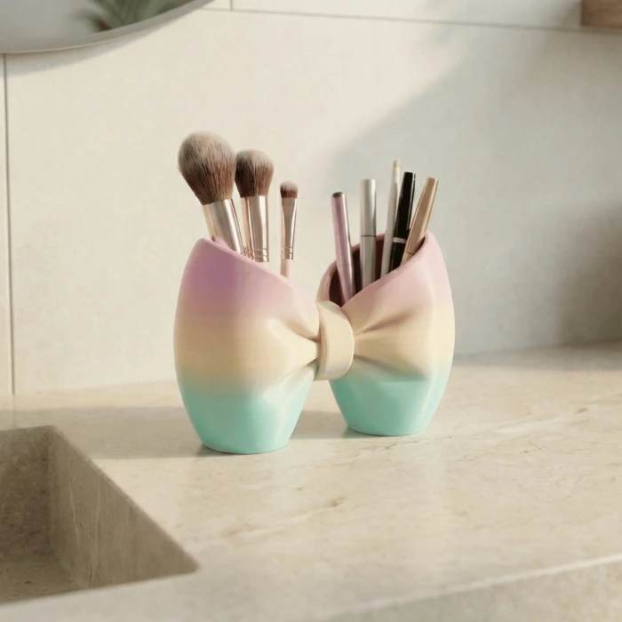 Pastel Geçişli Dekoratif Kurdele Masaüstü Organizer ve Makyaj Fırçalığı