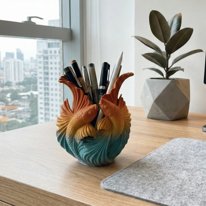 Dekoratif Koi Balığı Figürlü Kalemlik & Vazo - 3D Tasarım Modern Masaüstü Organizer (14x10cm)
