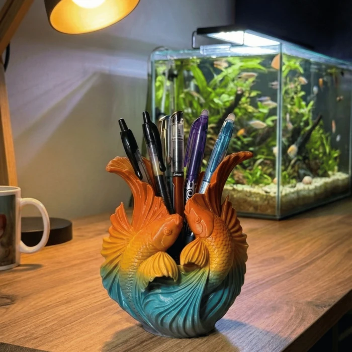 Dekoratif Koi Balığı Figürlü Kalemlik & Vazo - 3D Tasarım Modern Masaüstü Organizer (14x10cm)