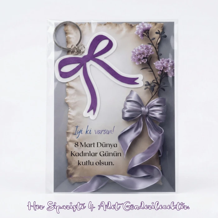 Kişiselleştirilebilir 8 Mart Kadınlar Günü Hediyesi Mor Kurdeleli Anahtarlık (4lü Paket)