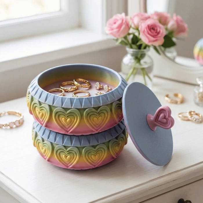 İki Katlı Kalp Desenli Gökkuşağı Takı ve Saklama Kutusu - Renkli & Romantik Hediye