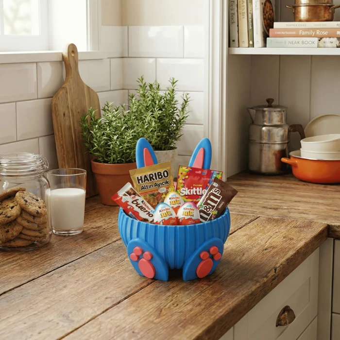 Sevimli Tavşan Tasarımlı Dekoratif Hediye Sepeti ve Masaüstü Şekerlik