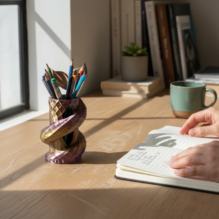 Okyanusun Zarafeti: Deniz Kızı Kuyruğu Temalı Fasetli Dekoratif Kalemlik ve Vazo (Altın & Mor)