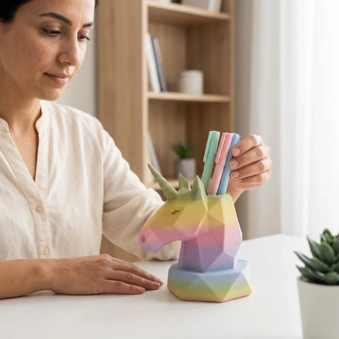 Geometrik Tasarım Pastel Gökkuşağı Unicorn Kalemlik ve Masaüstü Organizer