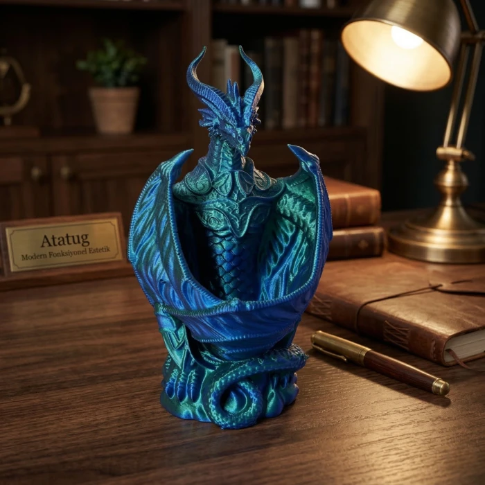 Wyrmrest Masa Arkadaşı: İpeksi Dokulu Ejderha Kalemlik ve Dekoratif Organizer