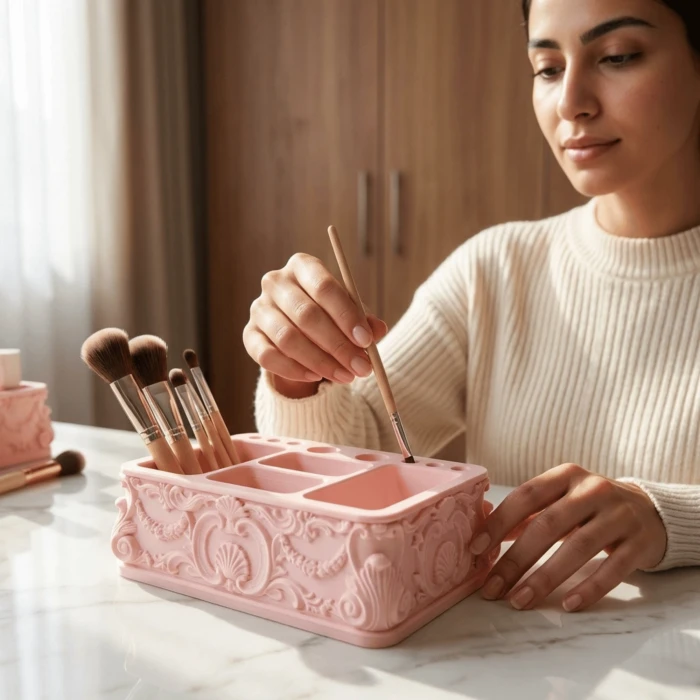 Barok Dönem El İşçiliği Görünümlü 3D Baskı Mat Pembe Makyaj Düzenleyici