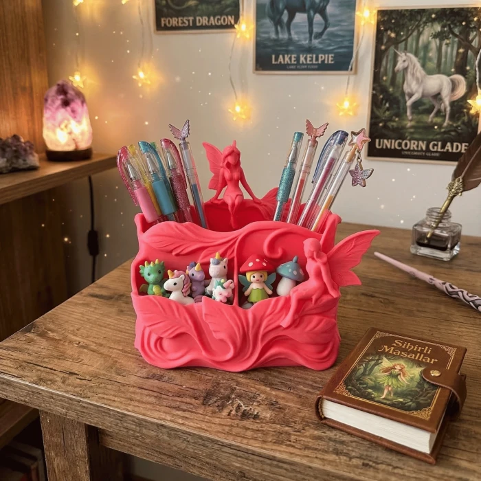 Masalsı Bahçe Orman Perileri Dekoratif Masaüstü Organizer & Kalemlik - Pembe