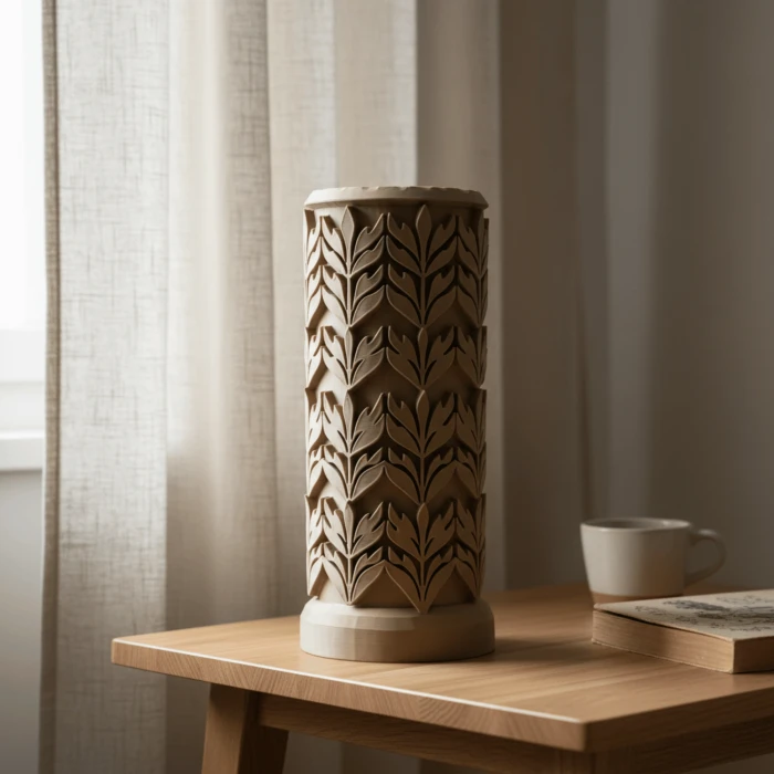 Modern Bohem Tasarım Kabartmalı Yaprak Desenli Dekoratif Vazo - Özel Hediye Kutulu