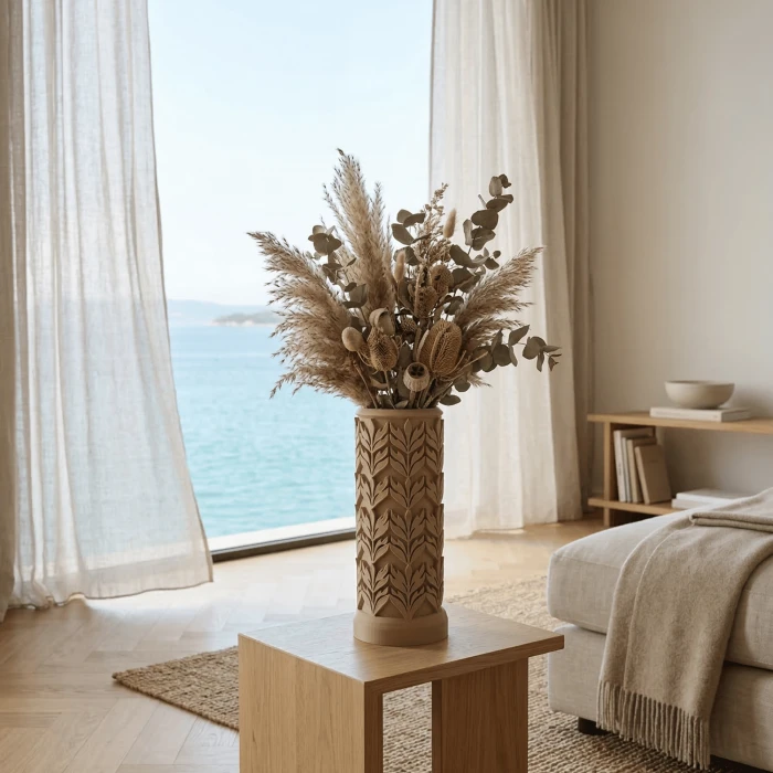 Modern Bohem Tasarım Kabartmalı Yaprak Desenli Dekoratif Vazo - Özel Hediye Kutulu