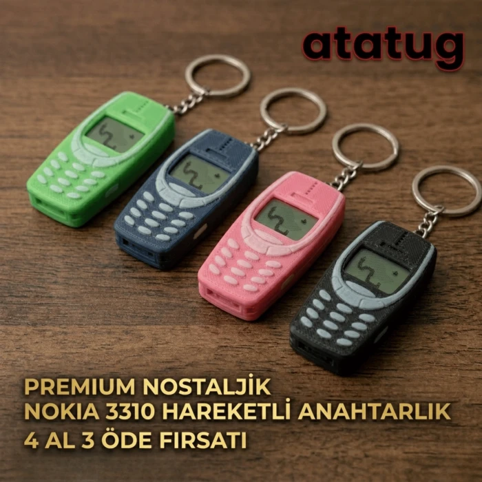 Premium Yeşil 3D Baskı Nostaljik Tuşlu Telefon Anahtarlık - İkonik Yılan Oyunu Figürlü