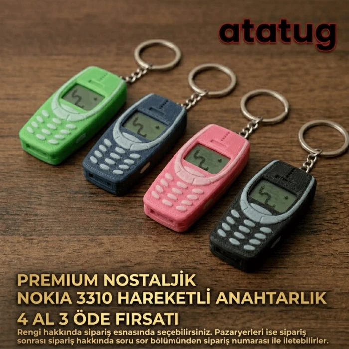 Premium Yeşil 3D Baskı Nostaljik Tuşlu Telefon Anahtarlık - İkonik Yılan Oyunu Figürlü