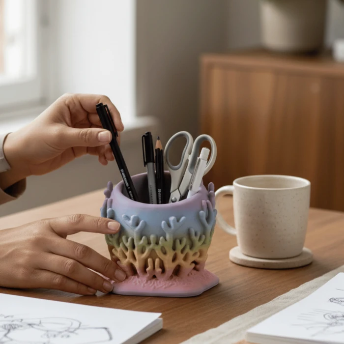 Pastel Gökkuşağı Renkli Mercan Tasarımlı Masaüstü Kalemlik ve Organizer